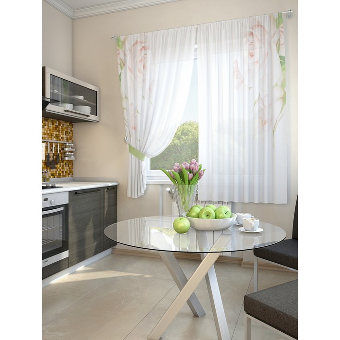 Тюль для кухни «Ренго», размер 150 х 180 см. — 2 шторы и 2 подхвата