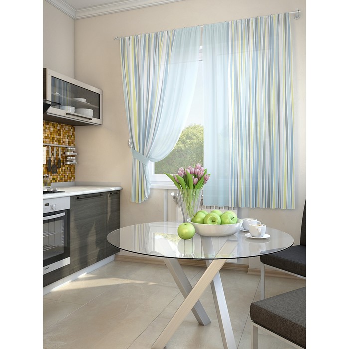 Тюль для кухни «Лекин», цвет голубой», размер 150 х 180 см. — 2 шторы и 2 подхвата