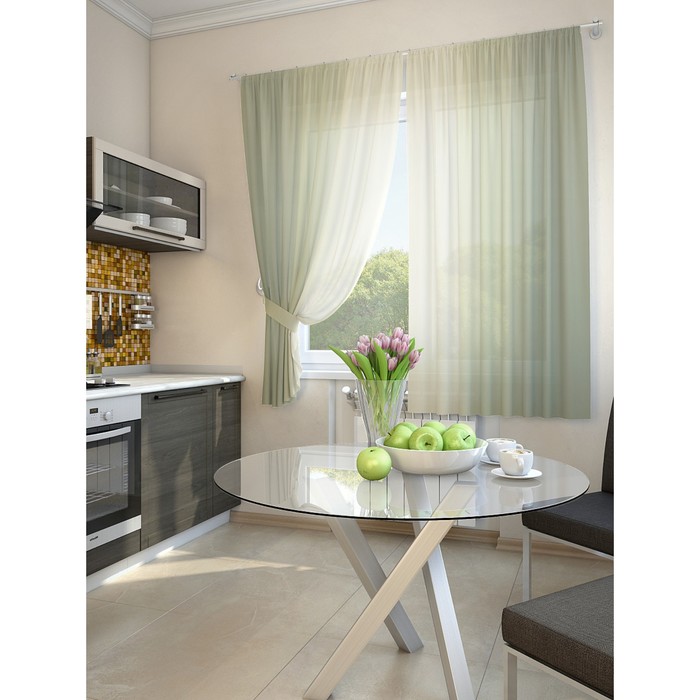 Тюль для кухни «Хроа», цвет зелёный, размер 150 х 180 см. — 2 шторы и 2 подхвата