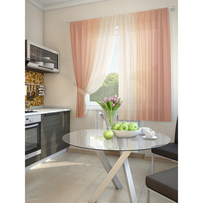 Тюль для кухни «Хроа», цвет оранжевый, размер 150 х 180 см. — 2 шторы и 2 подхвата