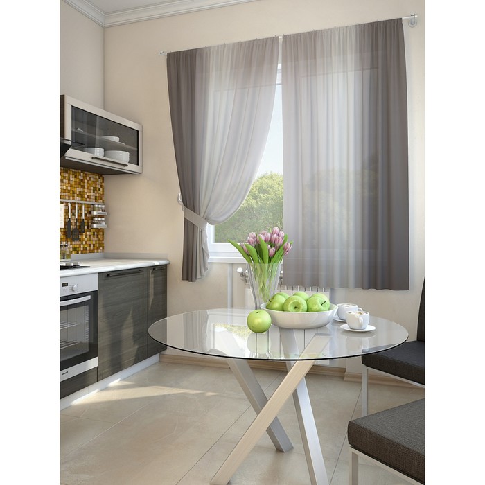 Тюль для кухни «Хроа», цвет серый, размер 150 х 180 см. — 2 шторы и 2 подхвата
