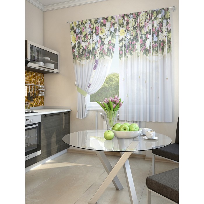 Тюль для кухни «Бирнет», размер 150 х 180 см. — 2 шторы и 2 подхвата
