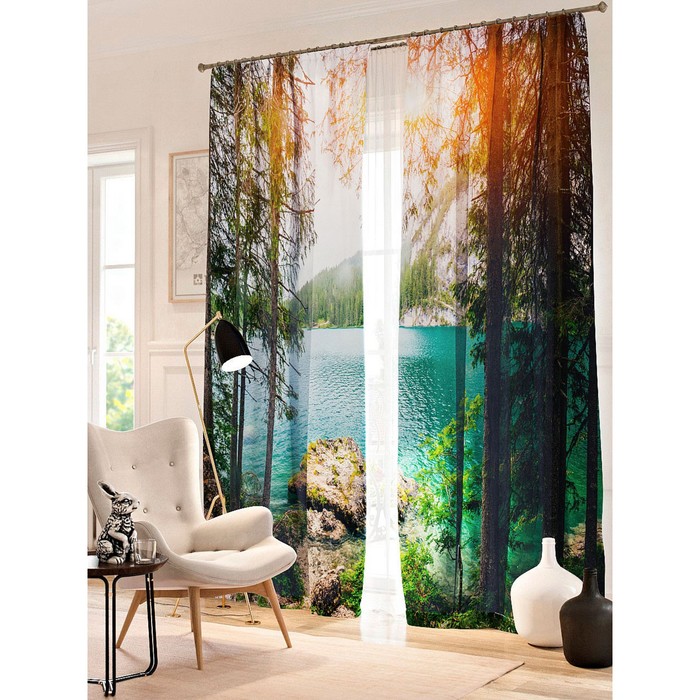 Фотошторы "Озеро в горах", размер 150х260 см - 2 шт, блэкаут
