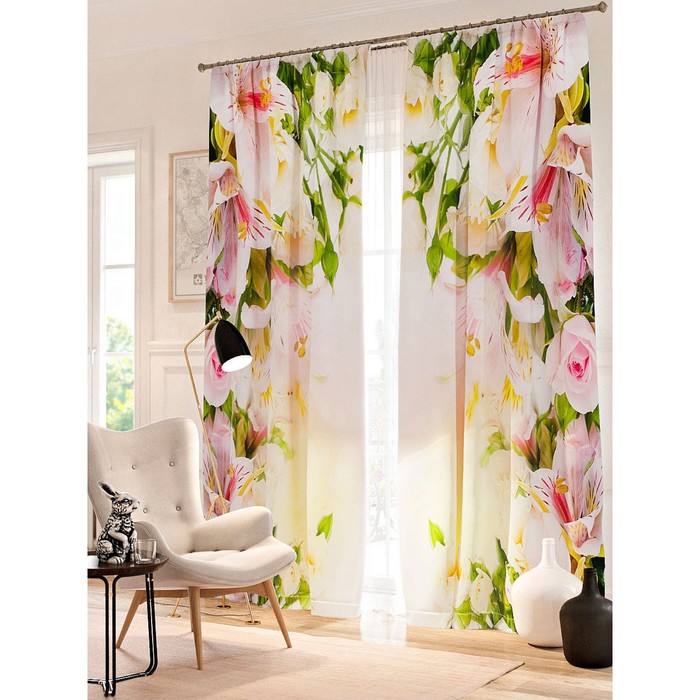 Фотошторы "Цветы в лучах света", размер 150х260 см - 2 шт, блэкаут