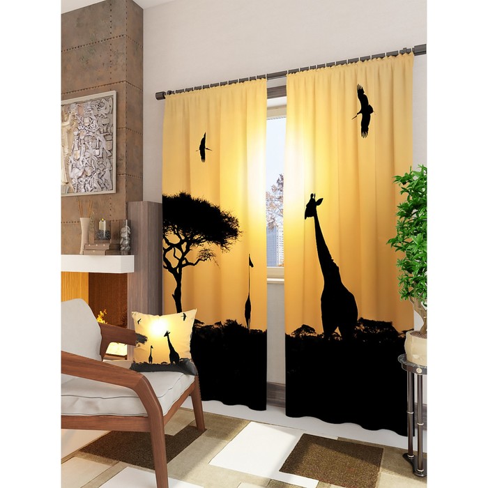 Фотошторы "Животные сафари на закате", размер 150х260 см - 2 шт, блэкаут