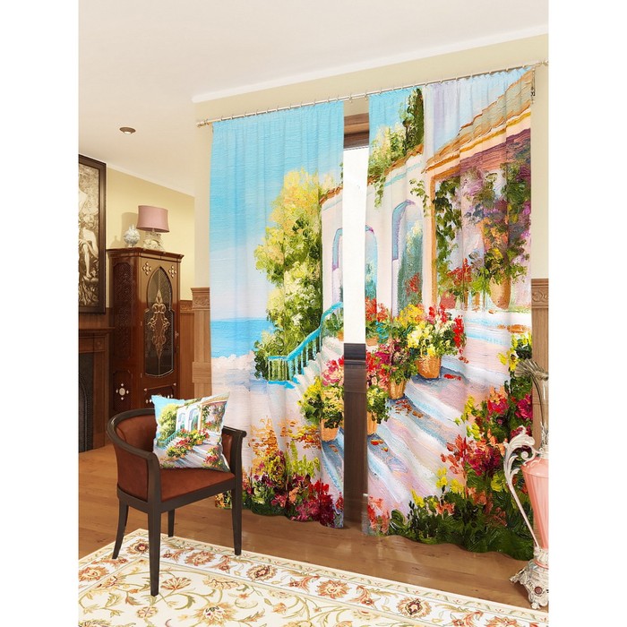 Фотошторы "Терраса у моря", размер 150х260 см - 2 шт, блэкаут