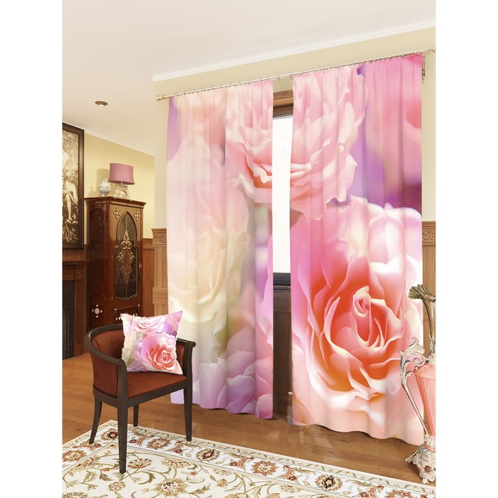 Фотошторы "Розовые розы", размер 150х260 см - 2 шт, блэкаут