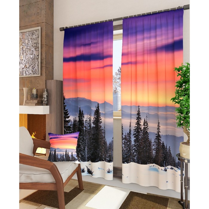 Фотошторы "Закат в горах", размер 150х260 см - 2 шт, блэкаут