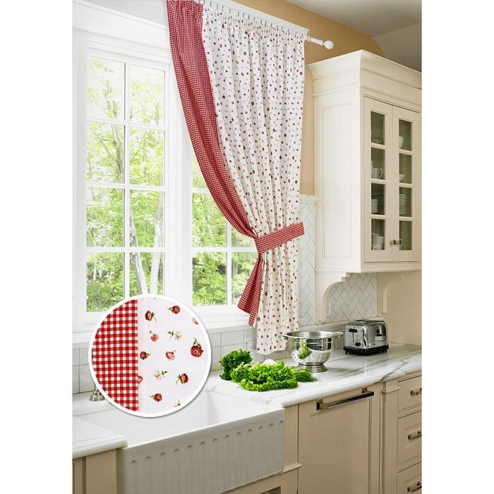 Комплект штор для кухни "Ивиса-П", размер 175х175 см - 1 шт. и 1 подхват, цвет красный