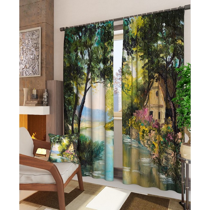 Фотошторы "Домик у реки", размер 150х260 см - 2 шт, блэкаут