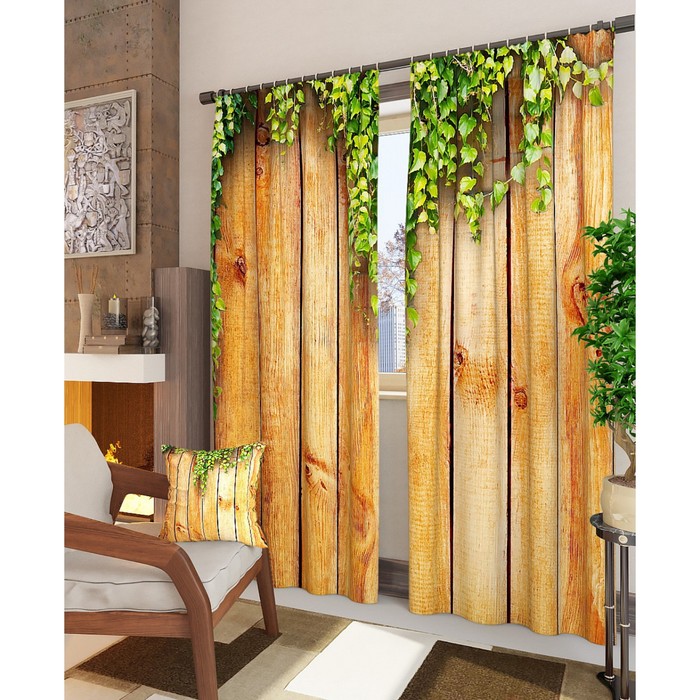 Фотошторы "Деревянная стена", размер 150х260 см - 2 шт, блэкаут