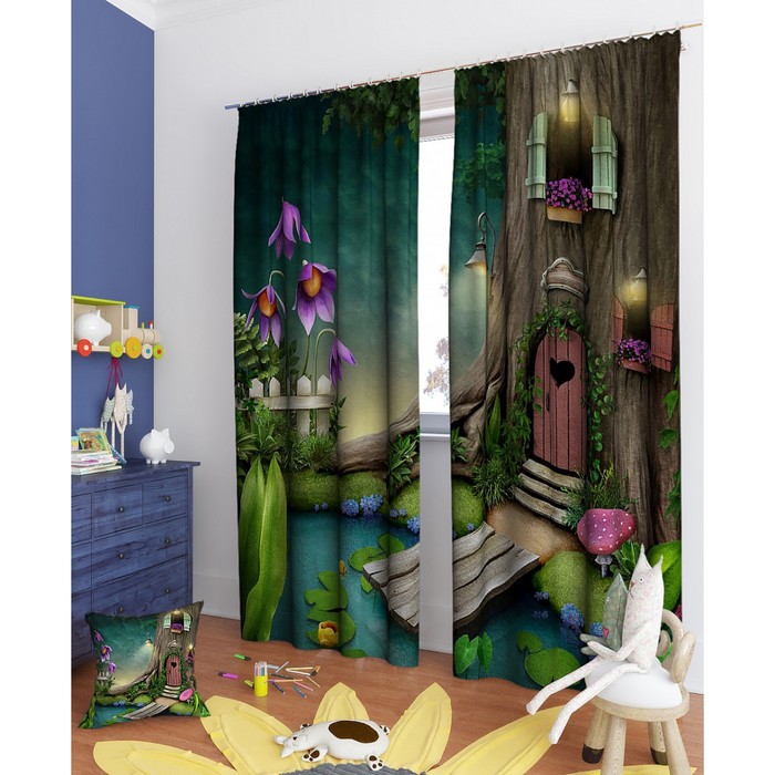 Фотошторы "Домик в лесу", размер 150х260 см - 2 шт, блэкаут