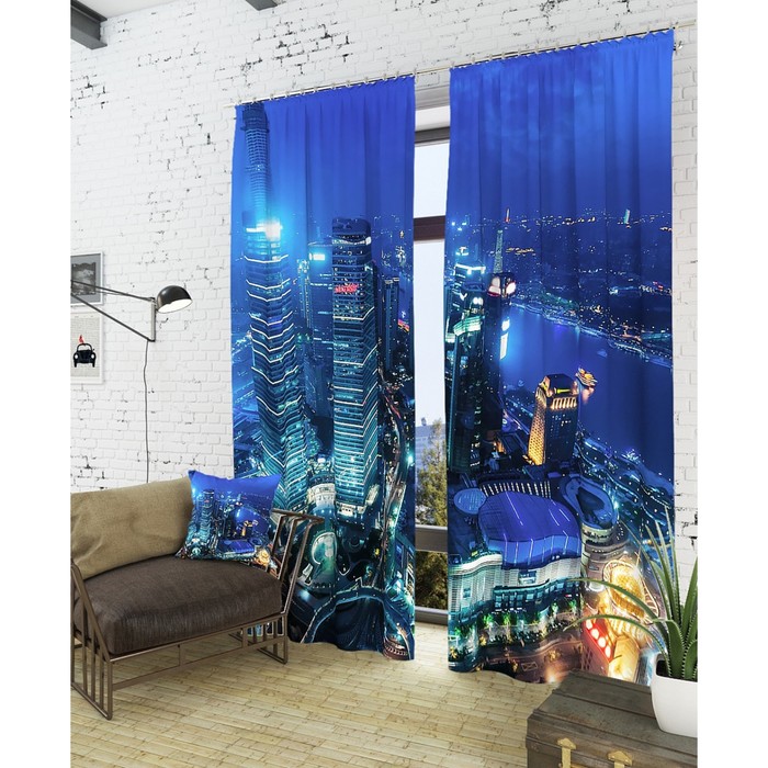 Фотошторы "Огни ночного мегаполиса", размер 150х260 см - 2 шт, блэкаут