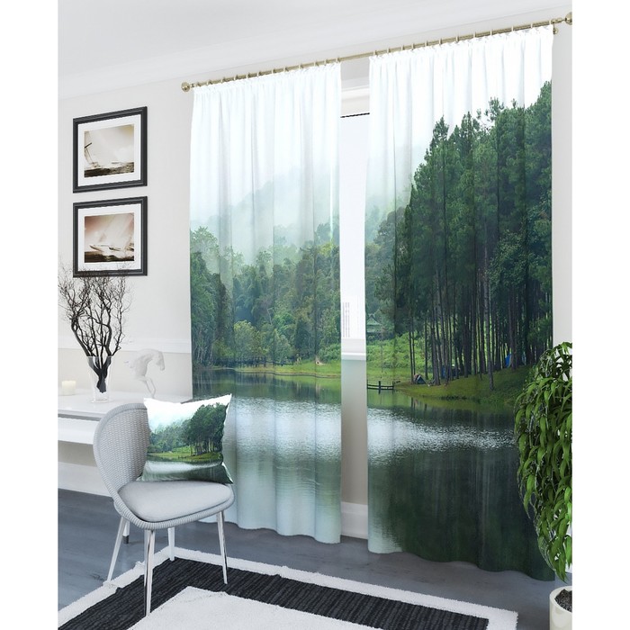 Фотошторы "Раннее утро у реки", размер 150х260 см - 2 шт, блэкаут