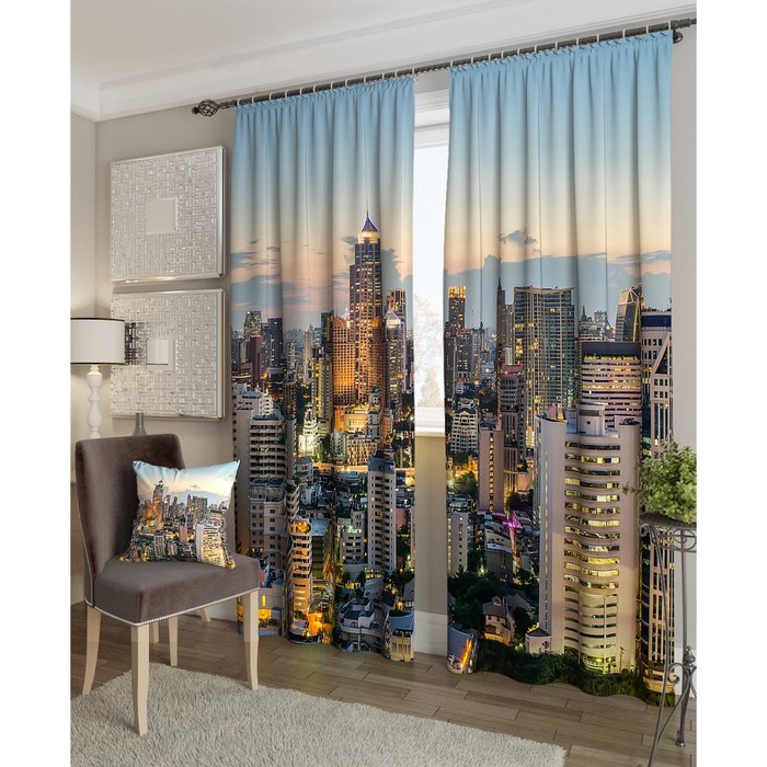 Фотошторы "Вечерние небоскрёбы", размер 150х260 см - 2 шт, блэкаут