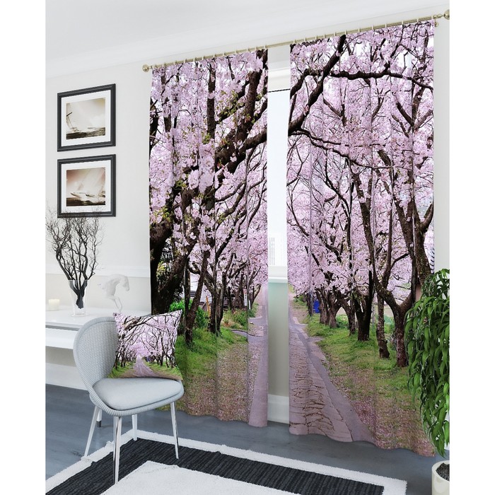 Фотошторы "Цветущая дорога", размер 150х260 см - 2 шт, блэкаут