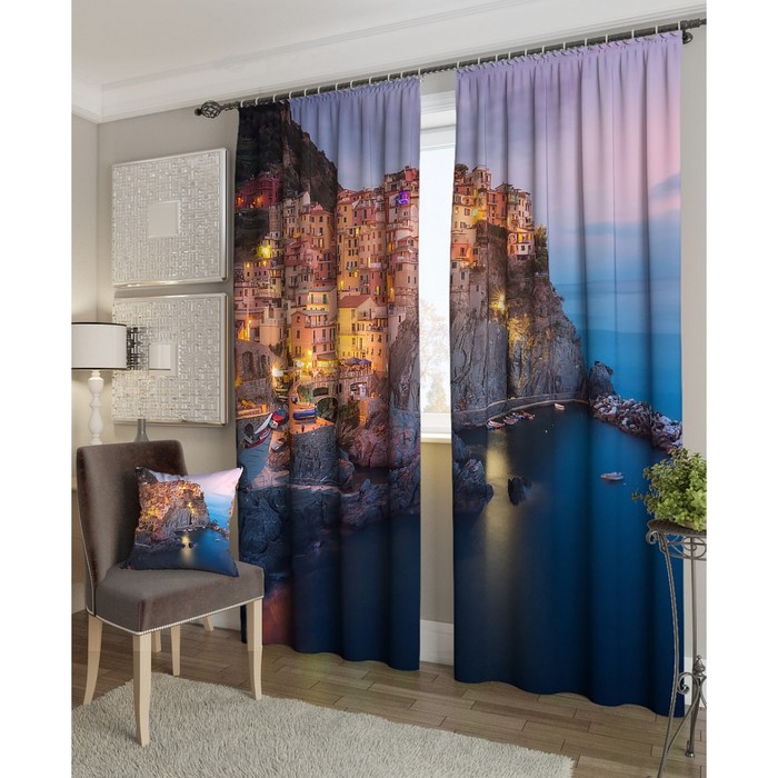 Фотошторы "Городок у моря", размер 150х260 см - 2 шт, блэкаут