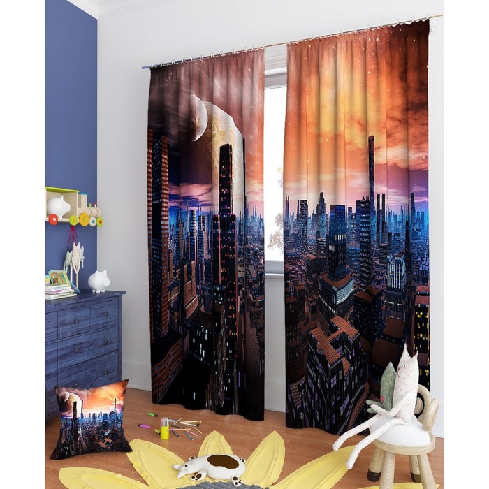 Фотошторы "Планетарный мегаполис", размер 150х260 см - 2 шт, блэкаут