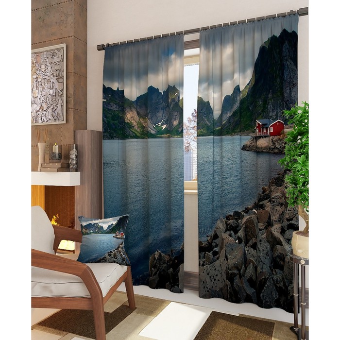 Фотошторы "Дом у горного озера", размер 150х260 см - 2 шт, блэкаут