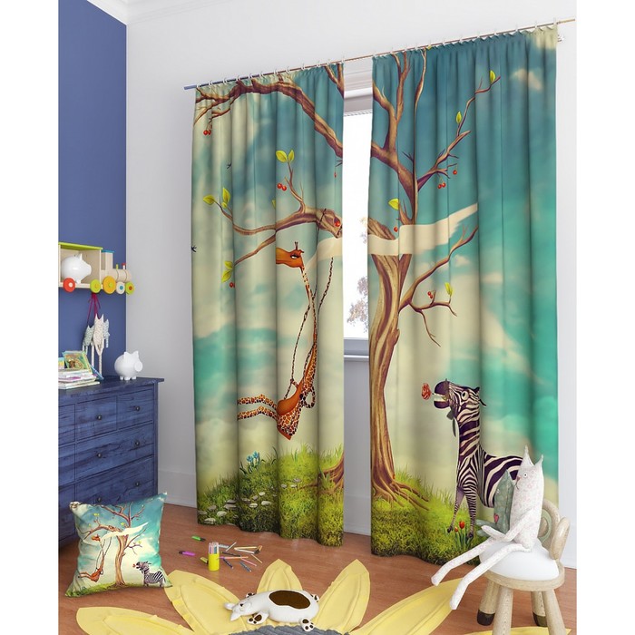 Фотошторы "Жираф и зебра", размер 150х260 см - 2 шт, блэкаут