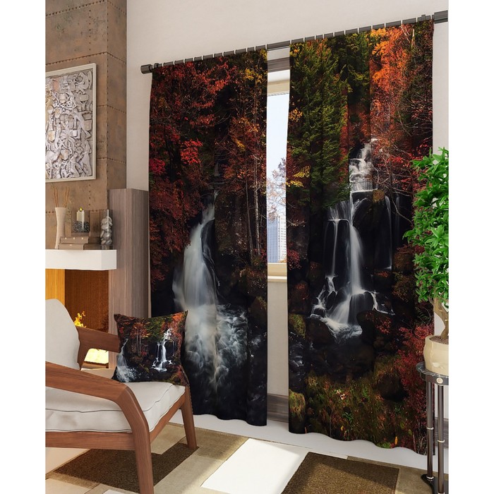 Фотошторы "Осенний водопад", размер 150х260 см - 2 шт, блэкаут