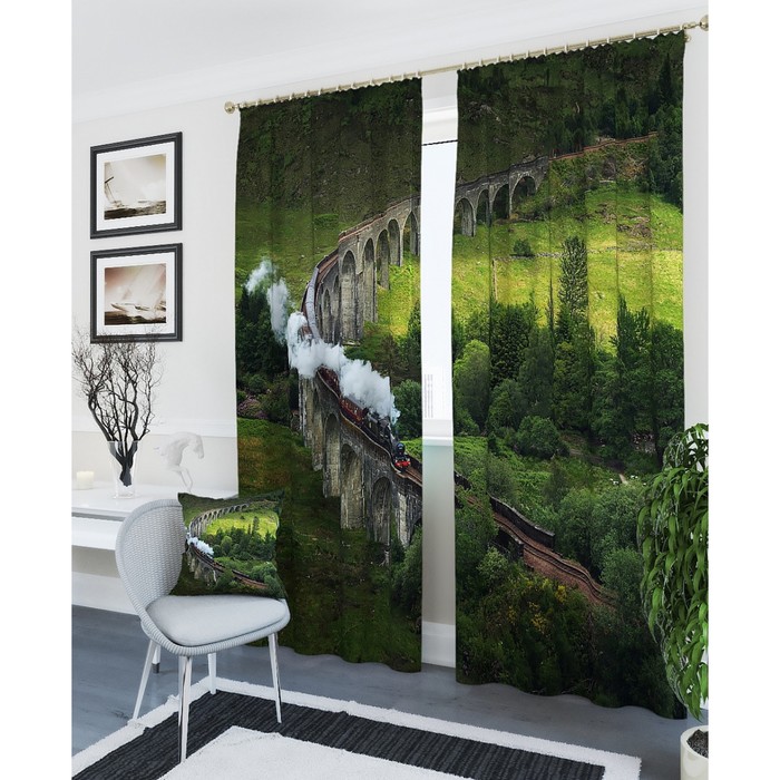 Фотошторы "Паровоз на мосту", размер 150х260 см - 2 шт, блэкаут