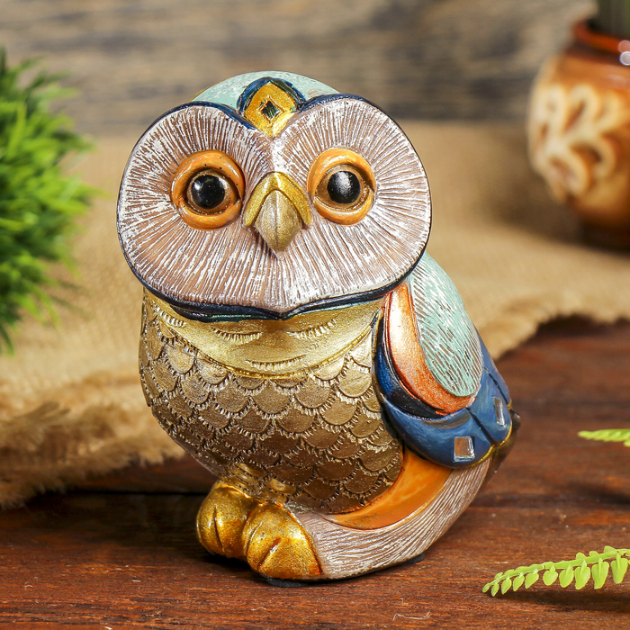 Сувенир полистоун "Сова расписная сине-золотая" 12х9х8,5 см