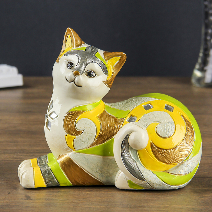 Сувенир полистоун "Кошка расписная жёлто-зелёная" 14х16х7,5 см