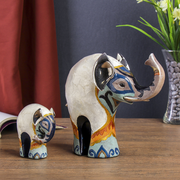 Сувенир полистоун "Слон со слонёнком сине-белый жемчуг" набор 2 штуки 20х23х8 см