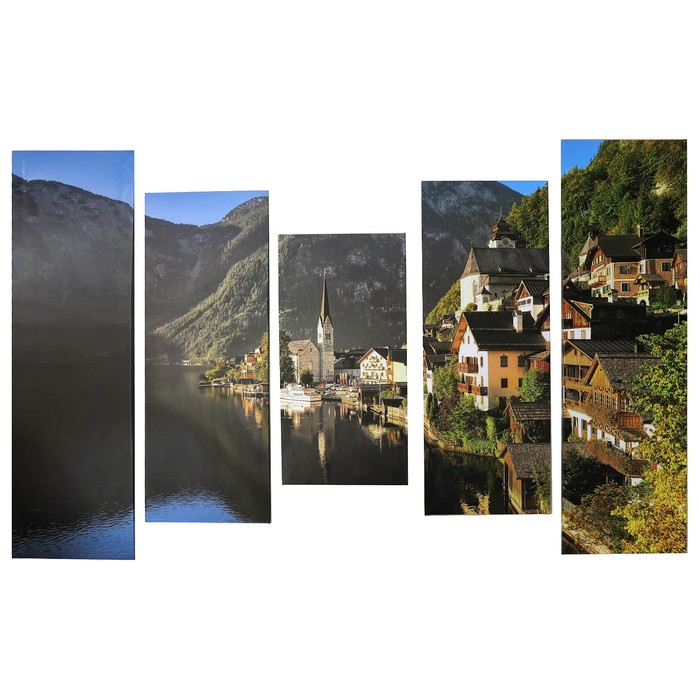 Модульная картина на подрамнике "Город у горной реки", 2 — 60×30, 2 — 80×30, 1 — 100×30, 150×100