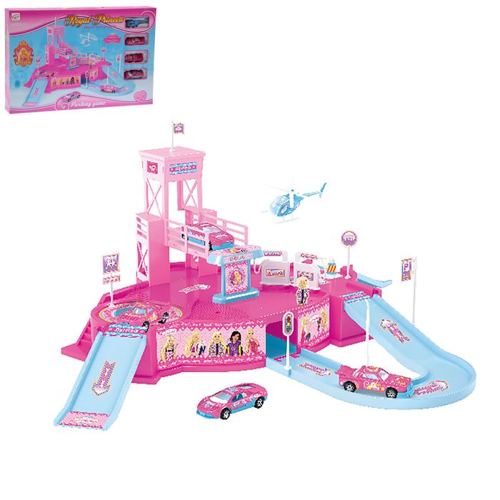 Парковка "Королевство принцессы", 3 металлические машины + вертолет