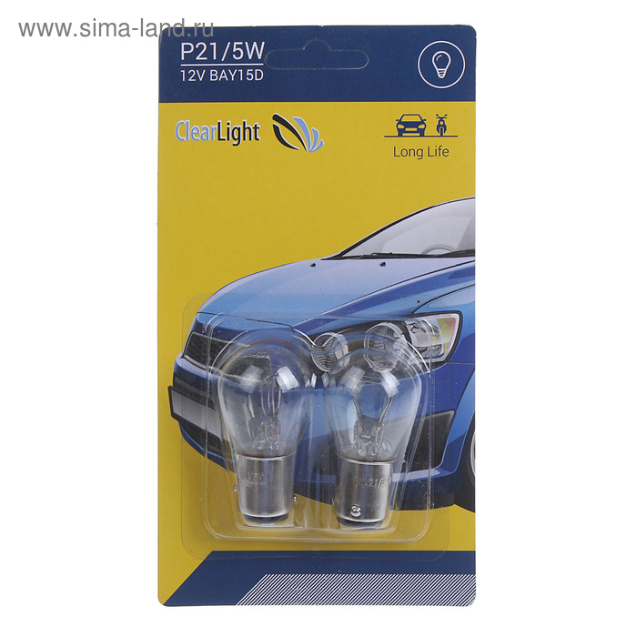 Лампа автомобильная, Clearlight, P21/5W, BAY15D, 12 В, набор 2 шт лампа светодиодная p21 5w 12 в led bay15d 21 5w 19 dc блистер 2 шт