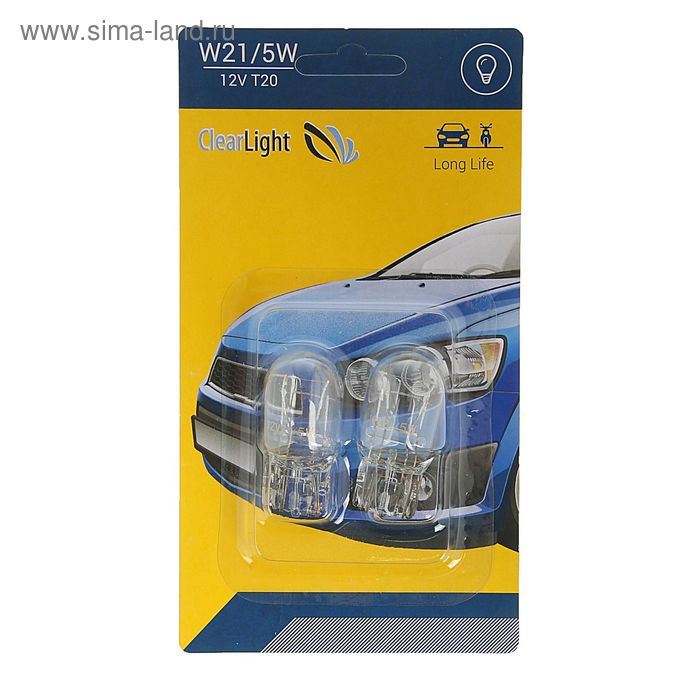 Лампа автомобильная Clearlight W21/5W, Т20 12 В, набор 2 шт лампа автомобильная osram w21 5w 12 в 21 5 вт набор 2 шт 7515 02b