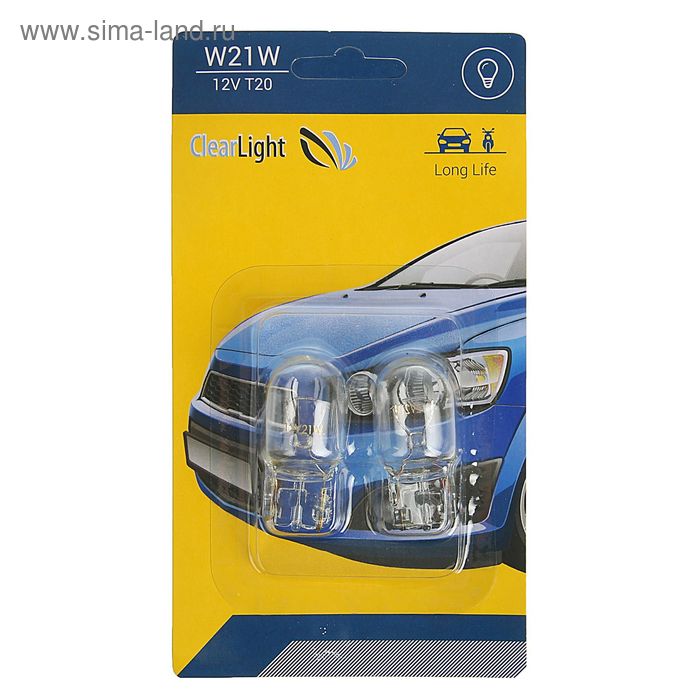 Лампа автомобильная, Clearlight, W21W, Т20 12 В, набор 2 шт лампа автомобильная osram w21w 12 в 21 вт набор 2 шт 7505 02b