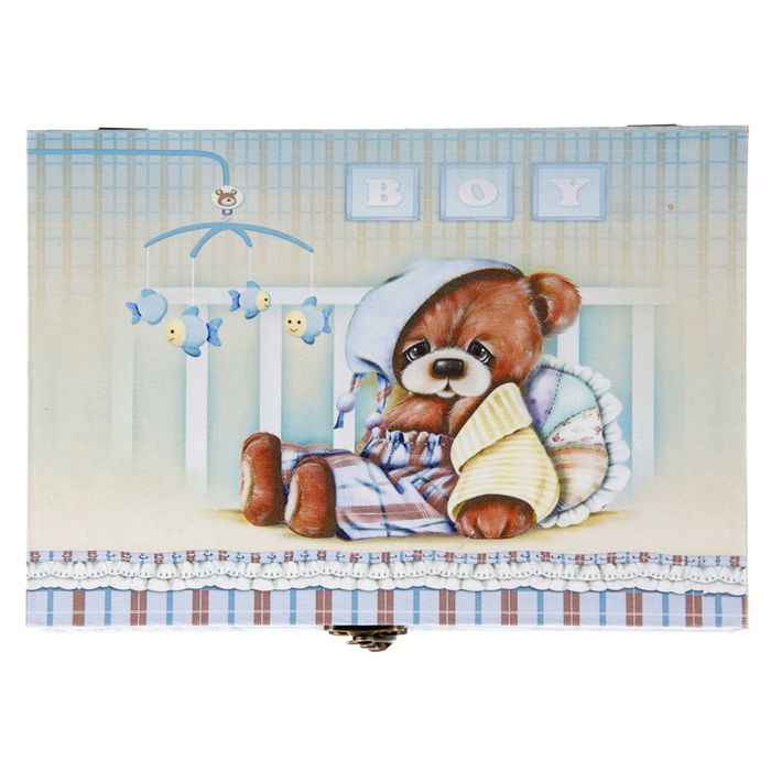 Шкатулка дерево "Медвежонок в кроватке" голубая 5,5х24х17 см