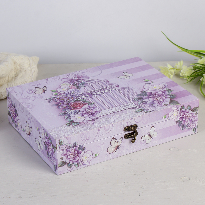 Шкатулка дерево "Клетка с сиреневыми цветами" 7х29х21,5 см
