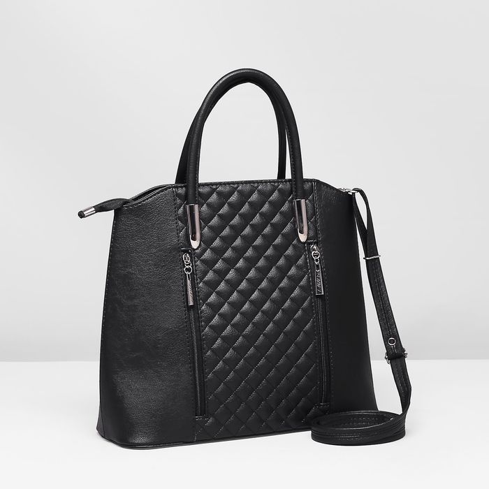 Сумка женская, 1 отдел на молнии, 3 наружных кармана, стёжка/гладкий чёрный