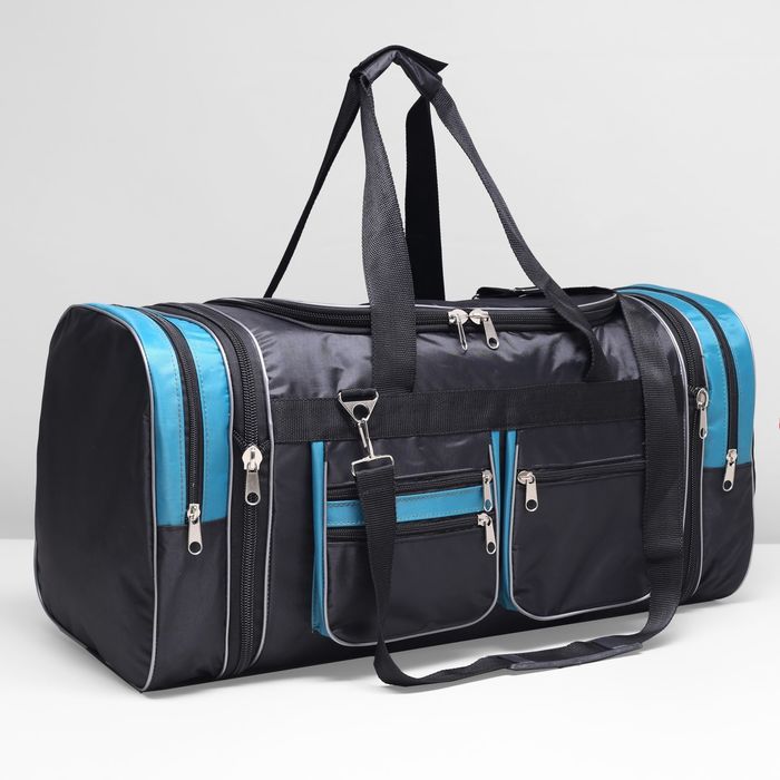 Сумка дорожная, отдел на молнии, 7 наружных карманов, цвет чёрный/бирюзовый