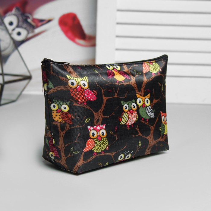 Косметичка-пенал на молнии "Совы", 1 отдел, цвет чёрный