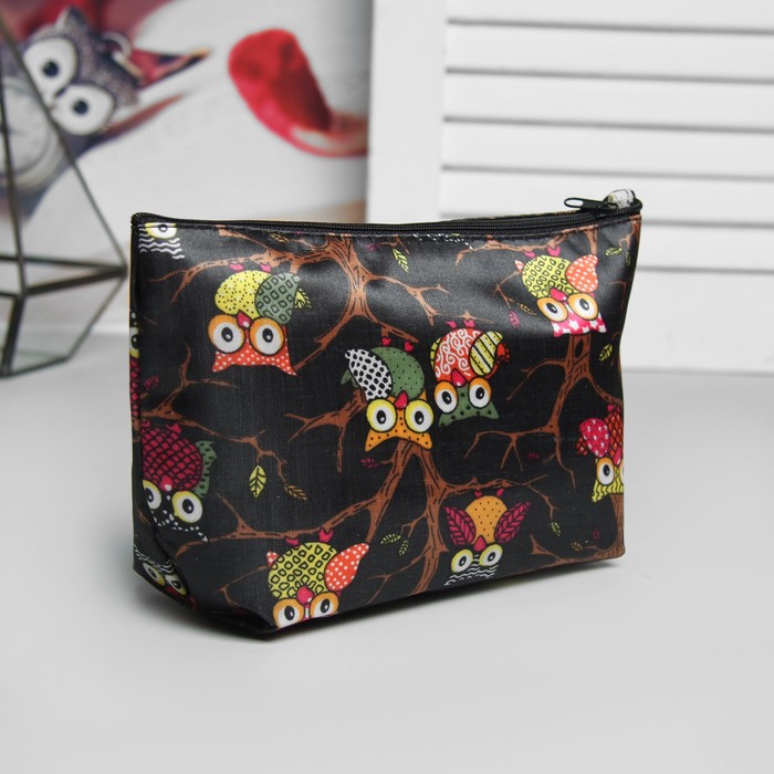 Косметичка-пенал на молнии "Совы", 1 отдел, цвет чёрный