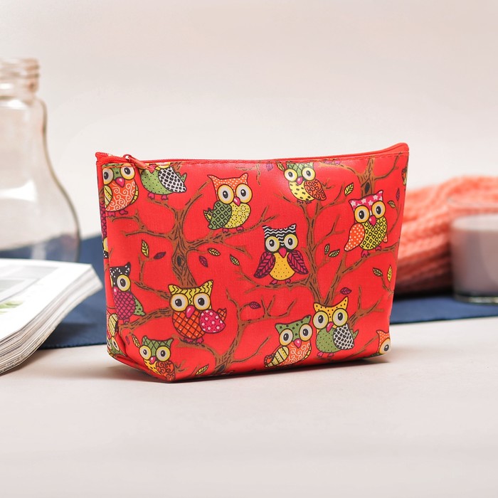 Косметичка-пенал на молнии "Совы", 1 отдел, цвет красный