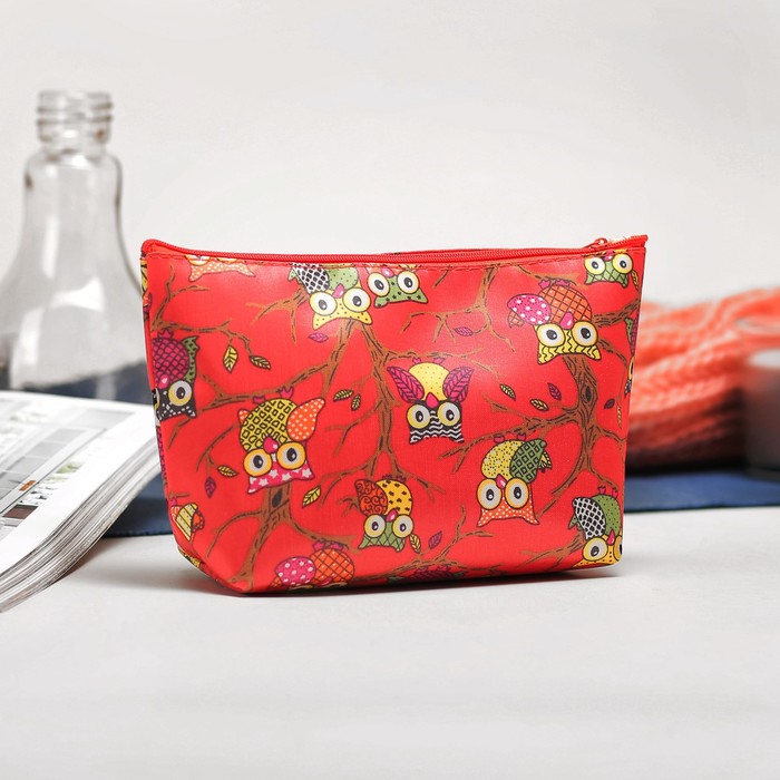Косметичка-пенал на молнии "Совы", 1 отдел, цвет красный