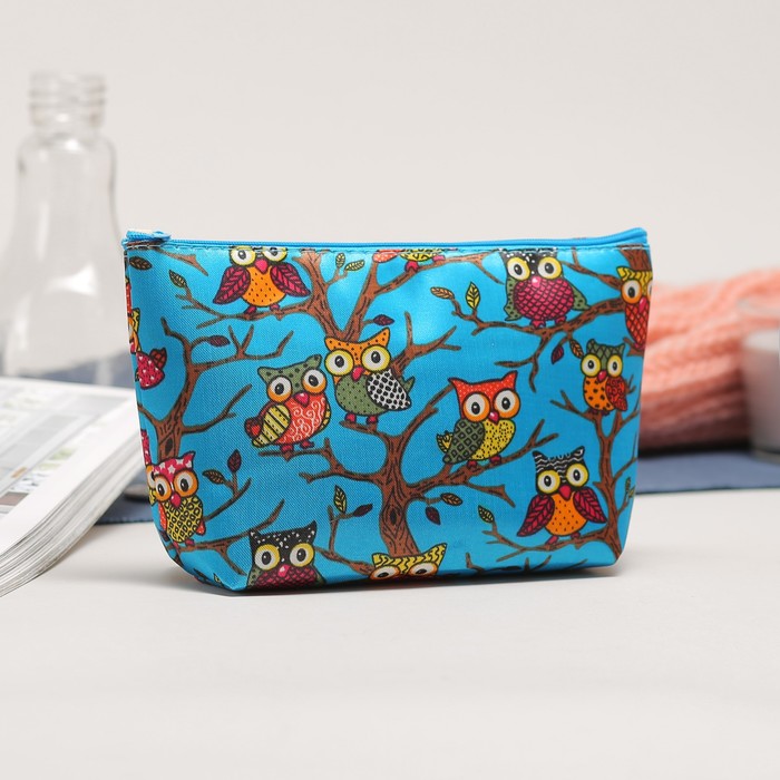 Косметичка простая на молнии "Совы", 1 отдел, цвет голубой