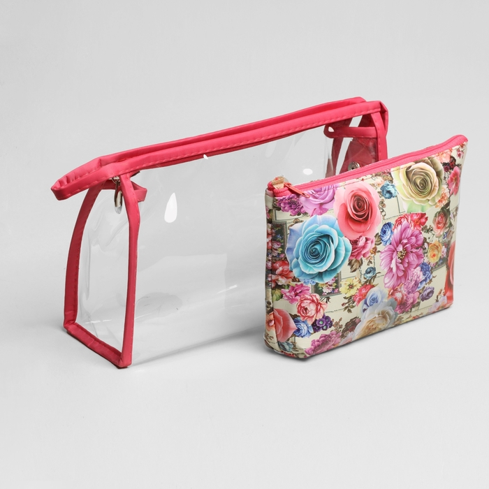 Косметички набор 2 в 1, «Цветы», отдел на молнии, цвет розовый