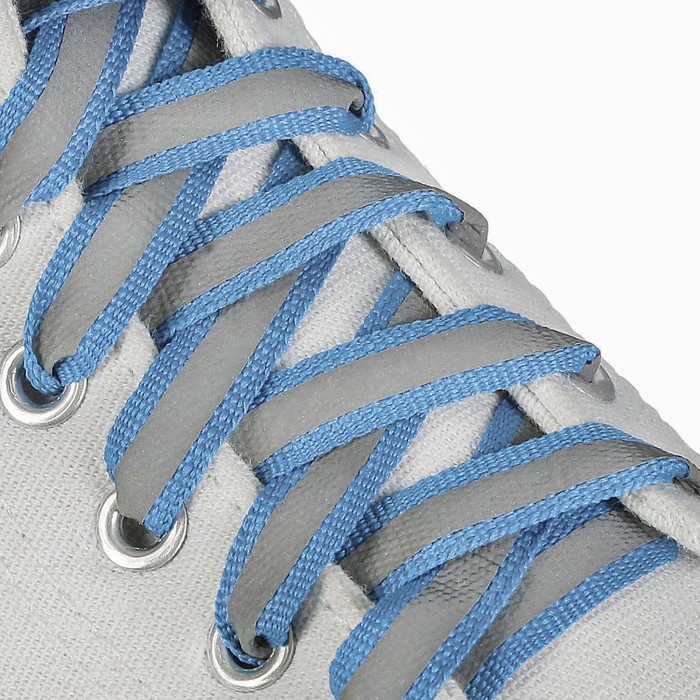 фото Шнурки для обуви, плоские, со светоотражающей полосой, 10 мм, 100 см, пара, цвет голубой onlitop