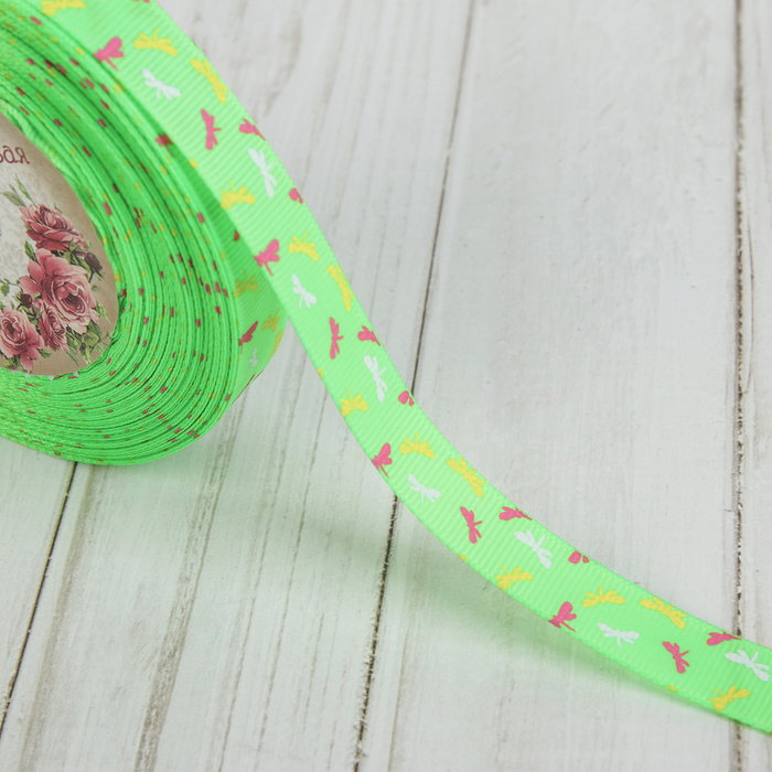 Лента репсовая "Стрекоза", 15мм, 22±1м, цвет зелёный