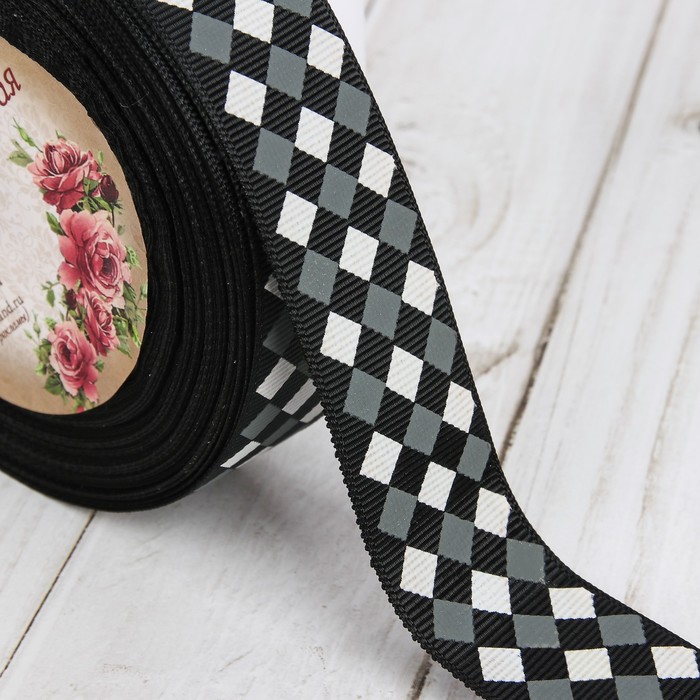 Лента репсовая "Ромбы", 25мм, 22±1м, цвет серый