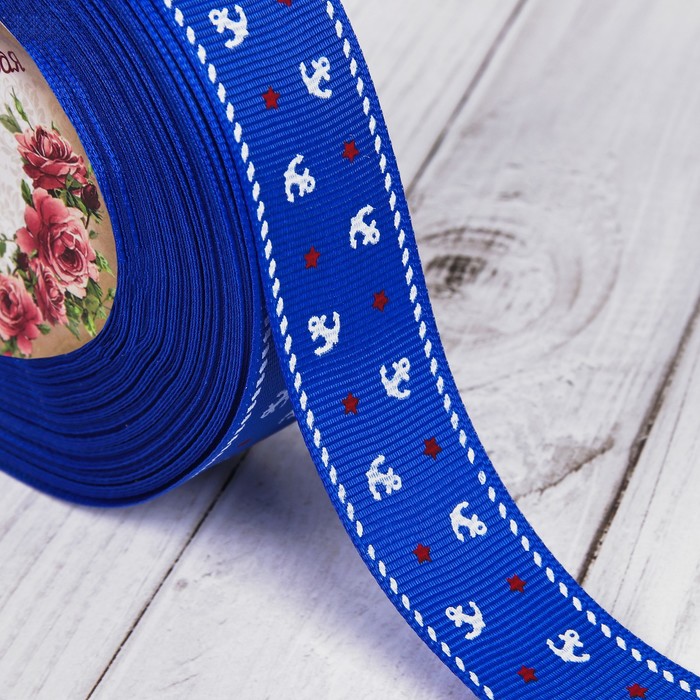 Лента репсовая "Якоря", 25мм, 22±1м, цвет синий