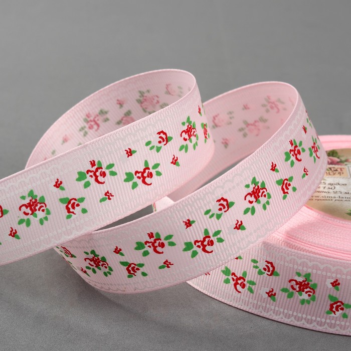 Лента репсовая "Цветочки", 25мм, 22±1м, цвет розовый