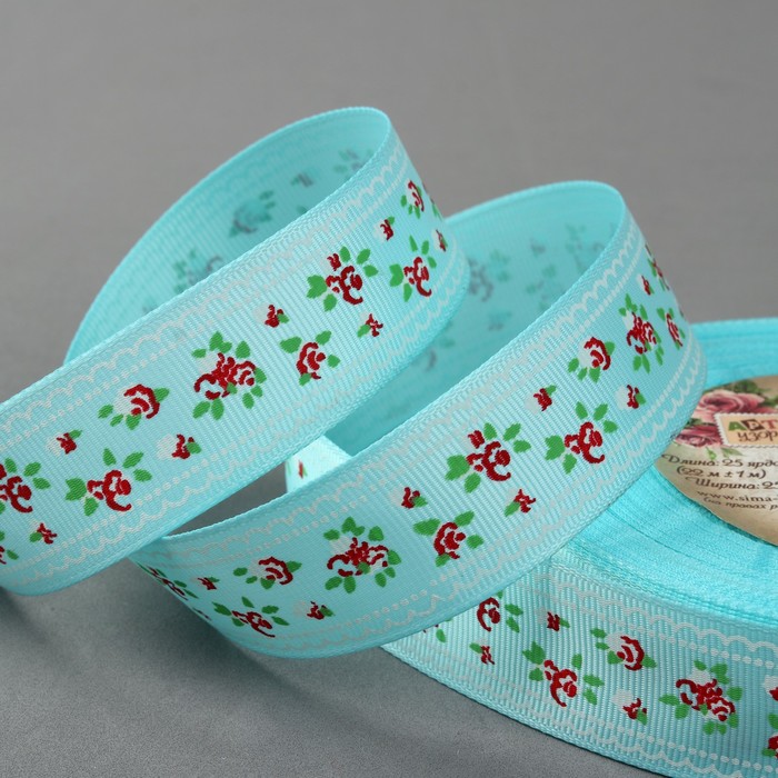 Лента репсовая "Цветочки", 25мм, 22±1м, цвет мятный